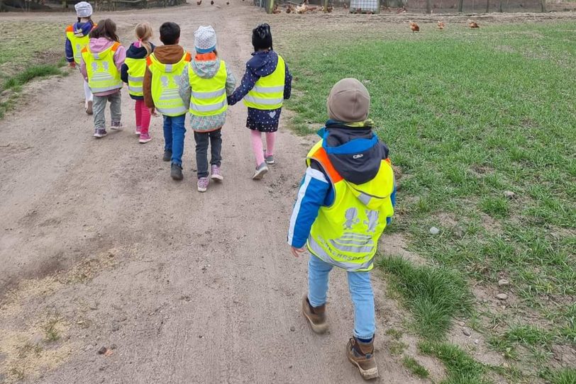 Kinder des Ev. Familenzentrums beim Ausflug zum Hühnerhof.