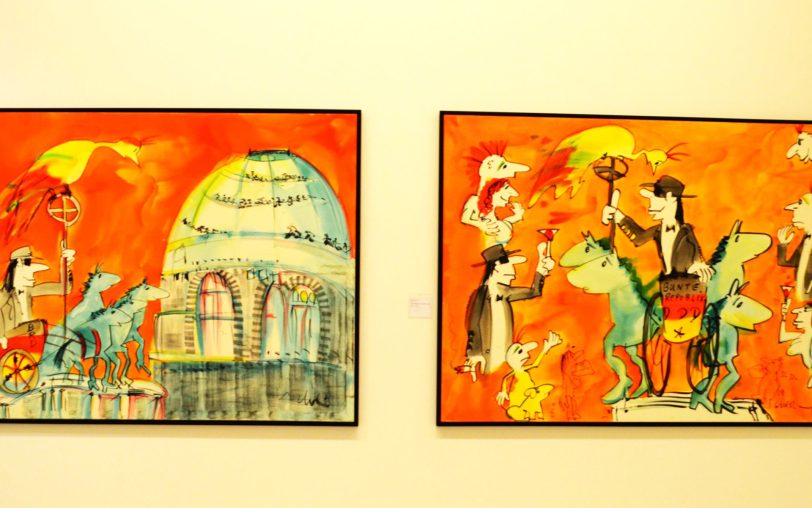 „Bunte Republik Deutschland“ sind die beiden Acryl-Arbeiten auf Leinwand von 2006 betitelt, links reitet Udo Lindenberg auf der Quadriga des Brandenburger Tores zuversichtlich in die Hauptstadt hinein.