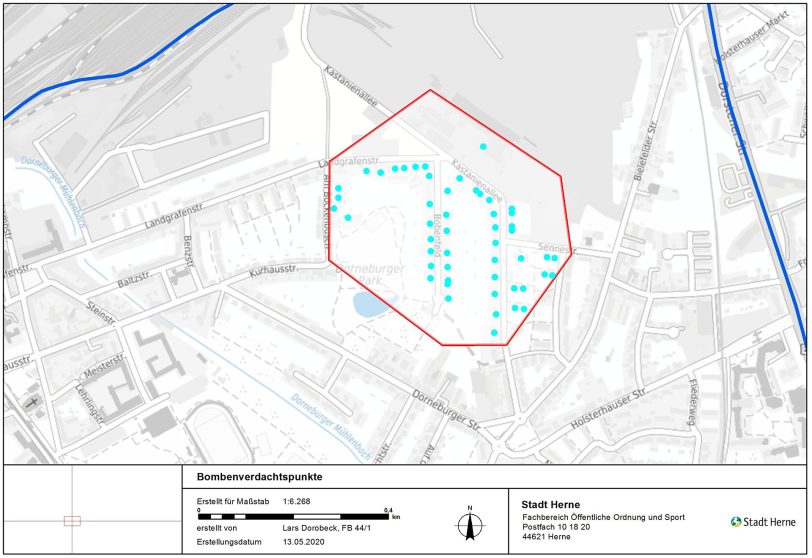 Die Karte zeigt den Evakuierungsbereich rund um die Straße Bobenfeld am 13.5.2020.