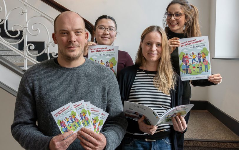 Freuen sich auf die 38. Herner Gesundheitswoche, die von Montag, 16. März, bis Sonntag, 22. März 2026, ansteht: (v.li.) Rasmus Nell, Shi Chen, Inga Mühlenbrock und Malina Schäfer-König, alle vom Fachbereich Gesundheit.