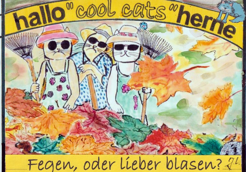 Blätterentsorgen – gehört leider im Herbst zum Alltagsgeschäft: Die Cool Cats fegen ihr Laub zu einem dicken Blätterhaufen.