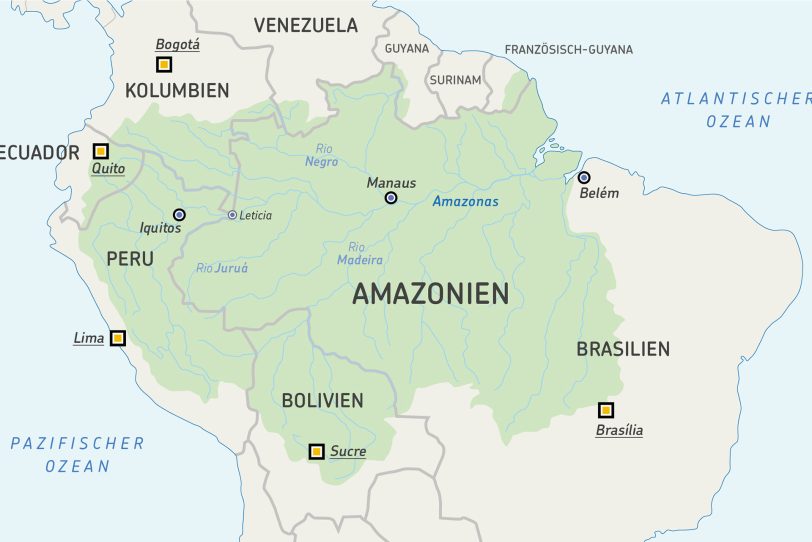 Das Amazonasbecken erstreckt sich über neun Länder Südamerikas und umfasst ein Gebiet, das 18-mal so groß ist wie Deutschland. Auf einer Fläche von gut 5,5 Millionen Quadratkilometern wächst hier der größte zusammenhängende tropische Regenwald der Welt. Den größten Anteil hat Brasilien mit etwa 60 Prozent.