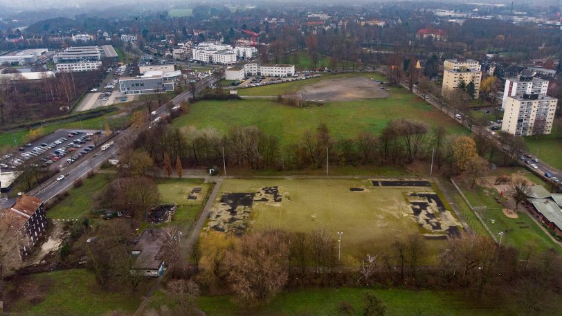 Luftbild vom Quartier Kaiserstraße. im Vordergrund ist der ehemalige Fußballplatz.