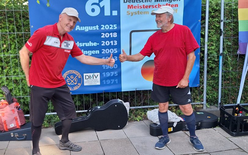 Michael Reitemeier (li.) und Willi Hettrich vom MGC Rot-Weiß Wanne-Eickel waren bei der 61. Deutschen Meisterschaft im Cobigolf in Grötzingen in der Nähe von Karlsruhe am Start.