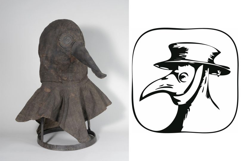 Links: Schnabelhaube eines Pestarztes aus der Sammlung des Deutschen Medizinhistorischen Museums Ingolstadt. Rechts: Pestdoktor mit Schnabelmaske. Grafik: LWL/O. Kalus