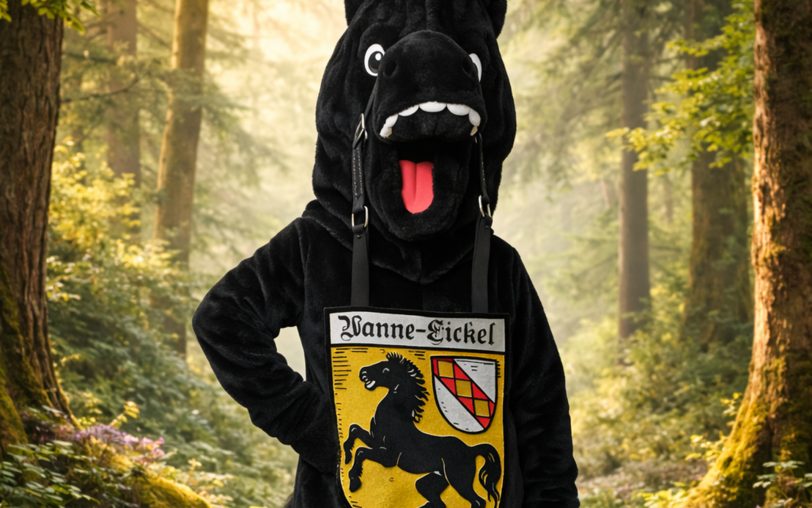 Dieses schwarze Pferd kennt man: Die Mondritterschaft Wanne-Eickel möchte zum 100. Geburtstag am Mittwoch, 1. April 2026, die 