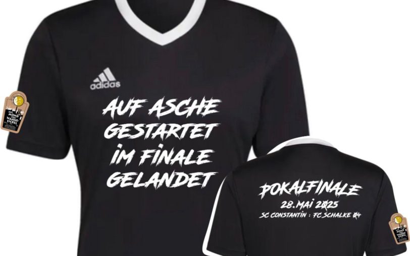 Mit dem Mond von Wanne-Eickel: Die neuen Warmmach-Shirts für die Damen vom SC Constantin für das Kreispokal-Finale gegen Schalke 04, gesponsert von der Alten Drogerie Meinken. Das Motto: Auf Asche gestartet, im Finale gelandet.