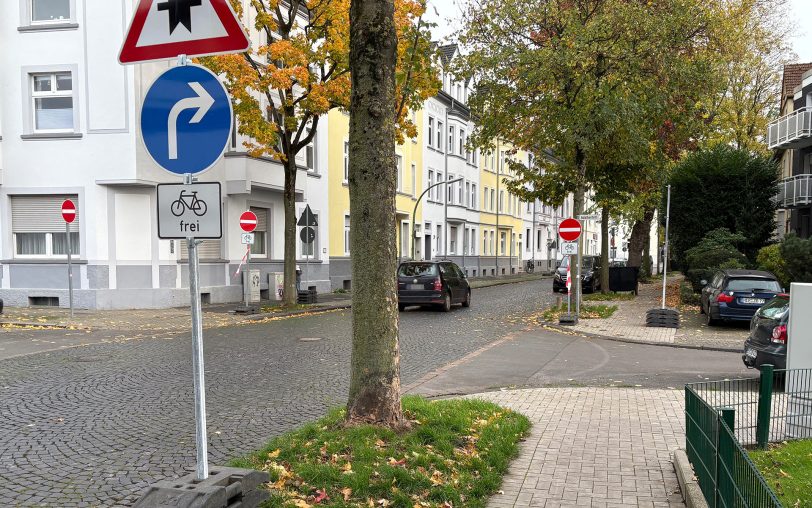 Einfach durch, obwohl es verboten ist und beim Erwischen 50 Euro Verwarnungsgeld kostet: Diesen Autofahrer interessiert das rot-weiße Schild auf der Kronprinzenstraße nicht. Ab der Kreuzung Adalbertstraße in Richtung Bochumer Straße ist die Durchfahrt nun verboten, weil seit Montag (27.10.2025) eine Einbahnstraße gilt - deshalb der weiße Pfeil auf blauem Grund.