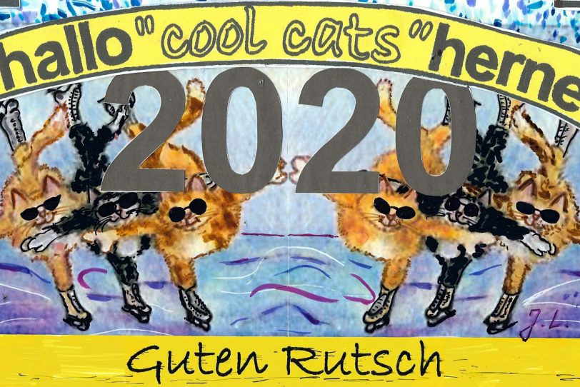 Cool Cats rutschen auf Schlittschuhen ins neue Jahrzehnt.
