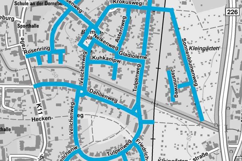 Die Karte der Gartenstadt Fahrradzone. Einzelne Straßen sind oben und unten abgeschnitten - die komplette Liste steht im Text.