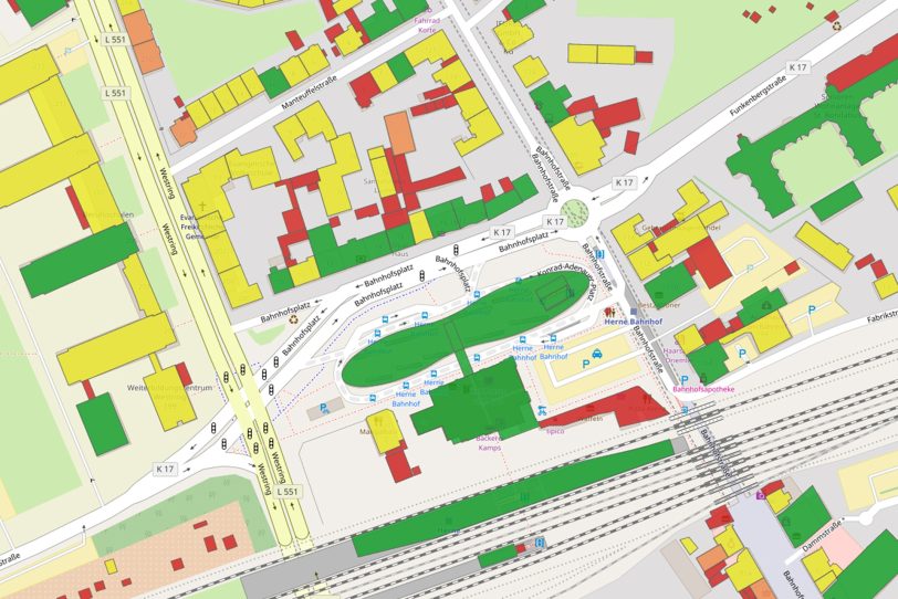 Rund um den Omnibusbahnhof in Herne: Grün = gut geeignet; gelb = geeignet; orange = bedingt geeignet; rot = nicht geeignet.