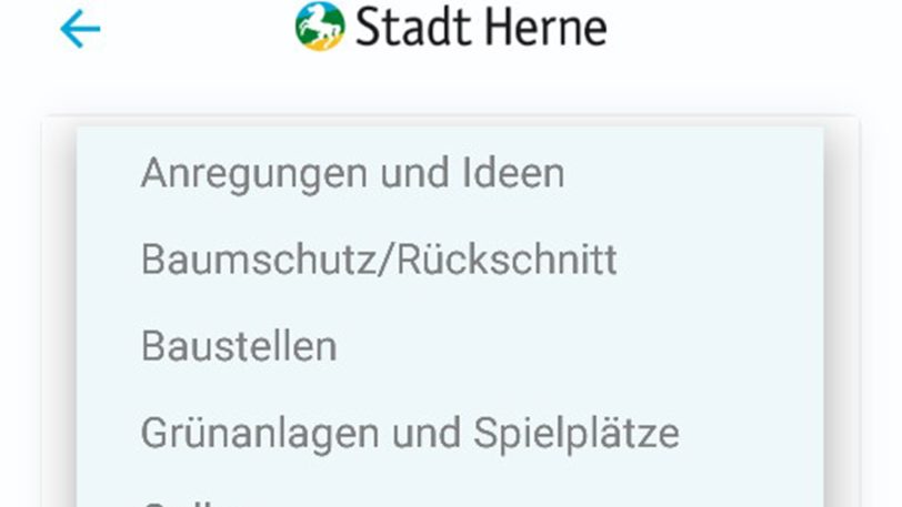 Screenshot aus der Mängelmelder App der Stadt Herne.