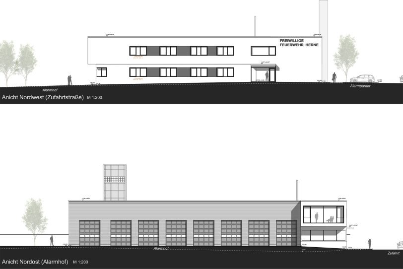 Entwurf für das neue Feuerwehrgerätehaus Mitte an der Koninerstraße 8 in Holsterhausen.