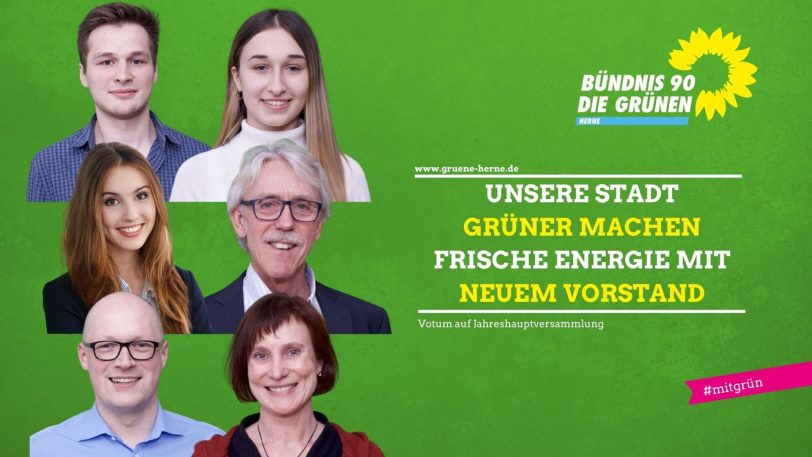 Der neu gewählte Parteivorstand der Herner Grünen von Februar 2021 mit der Vorsitzenden Claudia Krischer (rechts unten).