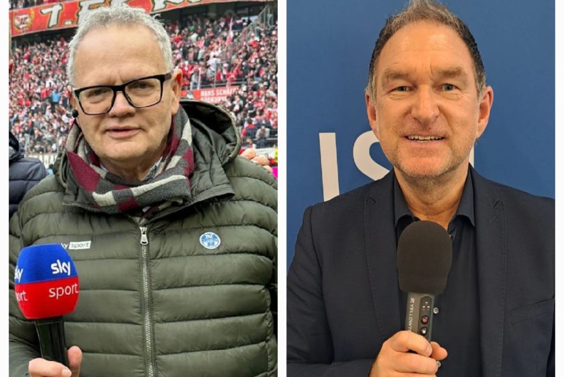 v.l. RTL-Sportreporter Legende Ulli Potofski und Moderator Thomas Gerres moderieren den EM-Treff am Wirtshaus Herner Mark.
