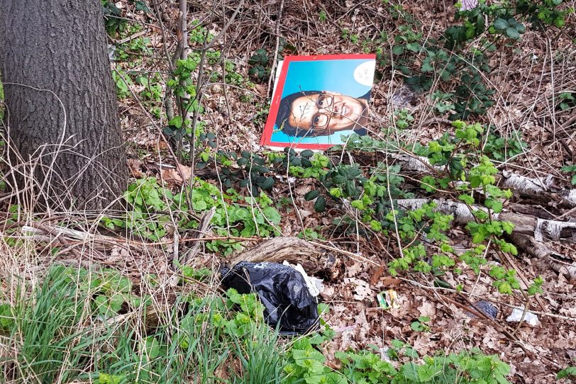 Da liegt ein Alexander Vogt auf dem Boden: Zum Glück ist es nur ein Wahlplakat der SPD mit Vogts Kopf.