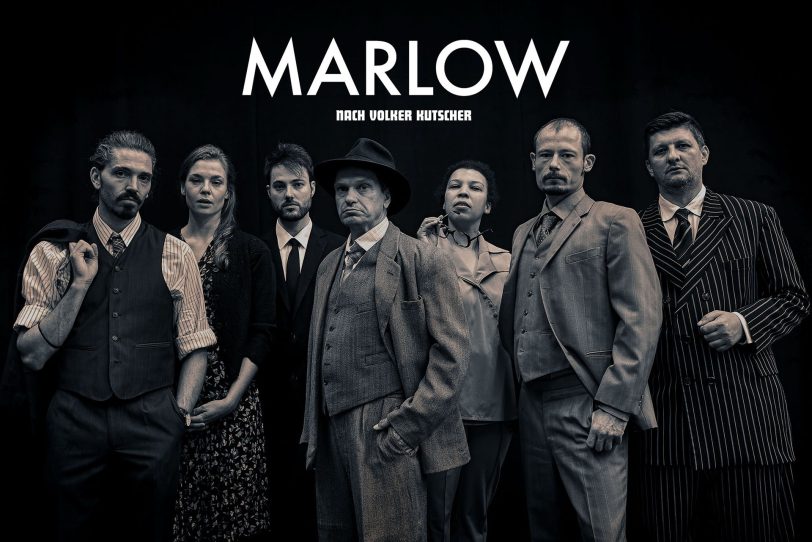 „Marlow“ am WLT. v.l. Maximilian von Ulardt, Franziska Ferrari, Tobias Schwieger, Guido Thurk, Samira Hempel, Mario Thomanek und Mike Kühne.