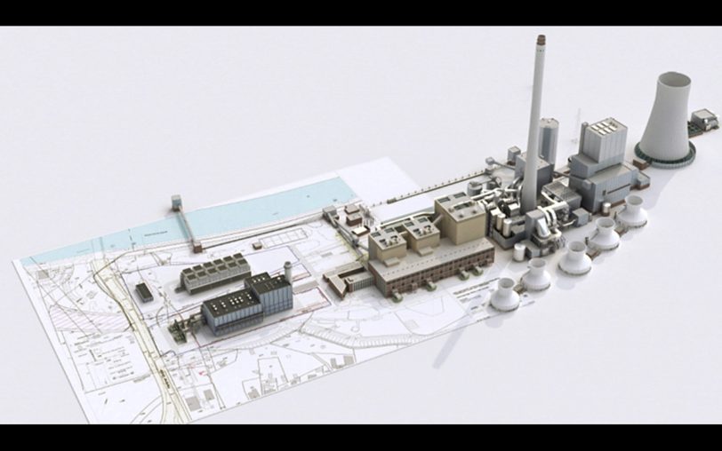 Visualisierung des neuen Kraftwerks, links im Bild.