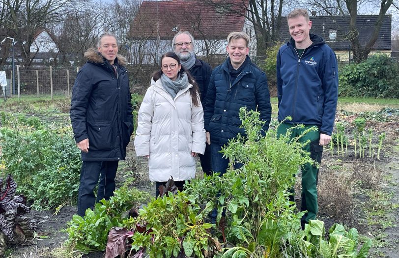 Bald ist Erntezeit in den Gemüsegärten der wewole STIFTUNG an der Nordstraße: KiTa-Leiterin Sylvia Rekus mit Dennis Weßels vom Grünen Bereich der wewole STIFTUNG sowie Sodingens Bezirksbürgermeister Mathias Grunert (SPD), seinem Stellvertreter Klaus-Dieter Glück (Grüne) und dem CDU-Fraktionsvorsitzenden Markus Lülf.