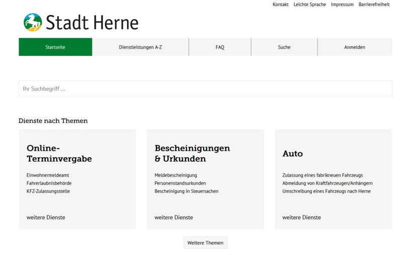 Das neue Online-Serviceportal der Stadt Herne für zahlreiche Dienstleistungen.