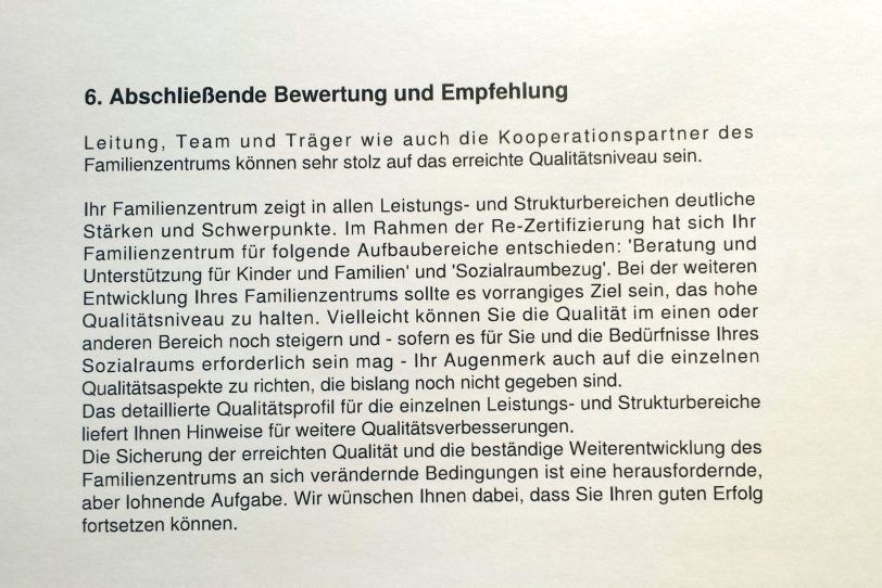 Beurteilung des Familienzentrums.