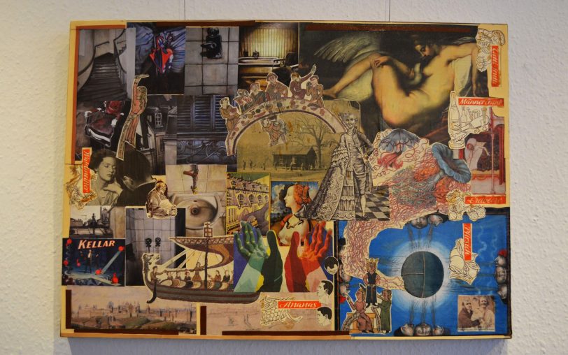 Die Motive der Papier-Collagen Anna Pochers reichen von Alltagsszenen über (Produkt-) Werbung und mehr oder minder bekannten Gemälden bis hin zur Eintrittskarte einer Ausstellung.