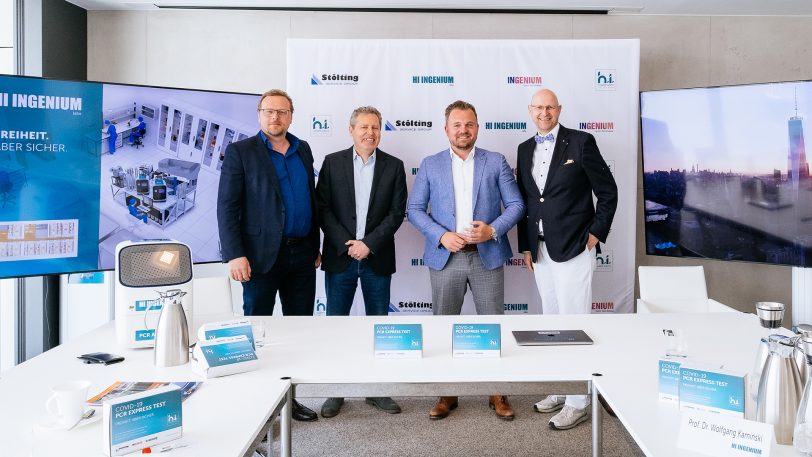 Stellten die Pläne zum neuen PCR-Express-Test-Labor vor: (v.l.) Dr. Peter Wieloch, Geschäftsführer Ingenium Labs, Prof. Dr. Wolfgang Kaminski, Labormediziner und ärztlicher Leiter Ingenium Labs, Dominik Mosbacher, Geschäftsführer H.i. Competence und Dr. med. Bernhard Müller-Leben, Leitung der Personalschulung.